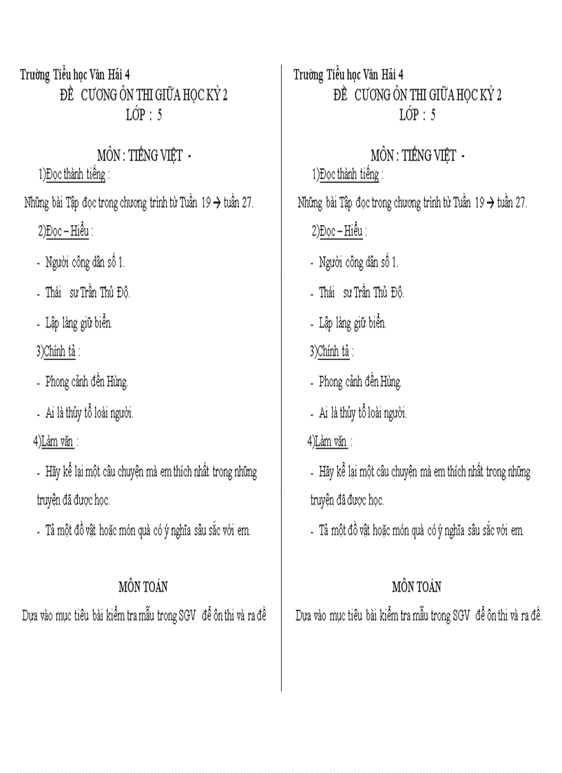 image for page ĐỀ CƯƠNG ÔN THI GIỮA HỌC KỲ 2 LỚP 2 MÔN TIẾNG VIỆT toán