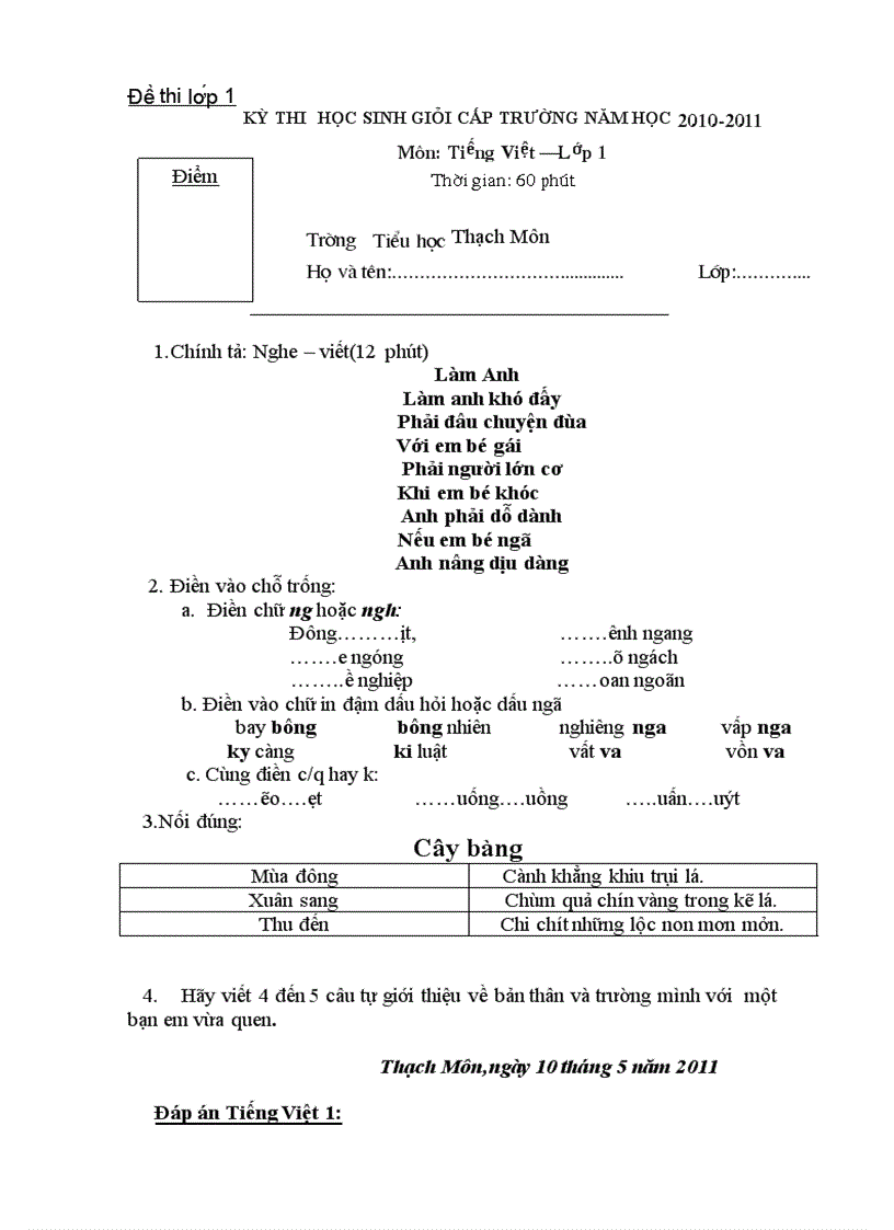 image for page Đề THI HỌC SINH GIỎI CẤP TRƯỜNG NĂM HỌC 2010 2011 Mơn Tiếng Việt Lớp 1