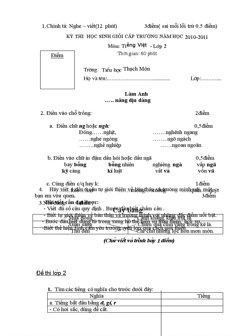 image for page Đề THI HỌC SINH GIỎI CẤP TRƯỜNG NĂM HỌC 2010 2011 Mơn Tiếng Việt Lớp 1