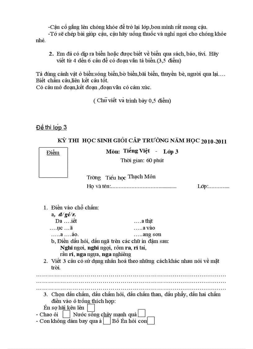 image for page Đề THI HỌC SINH GIỎI CẤP TRƯỜNG NĂM HỌC 2010 2011 Mơn Tiếng Việt Lớp 1