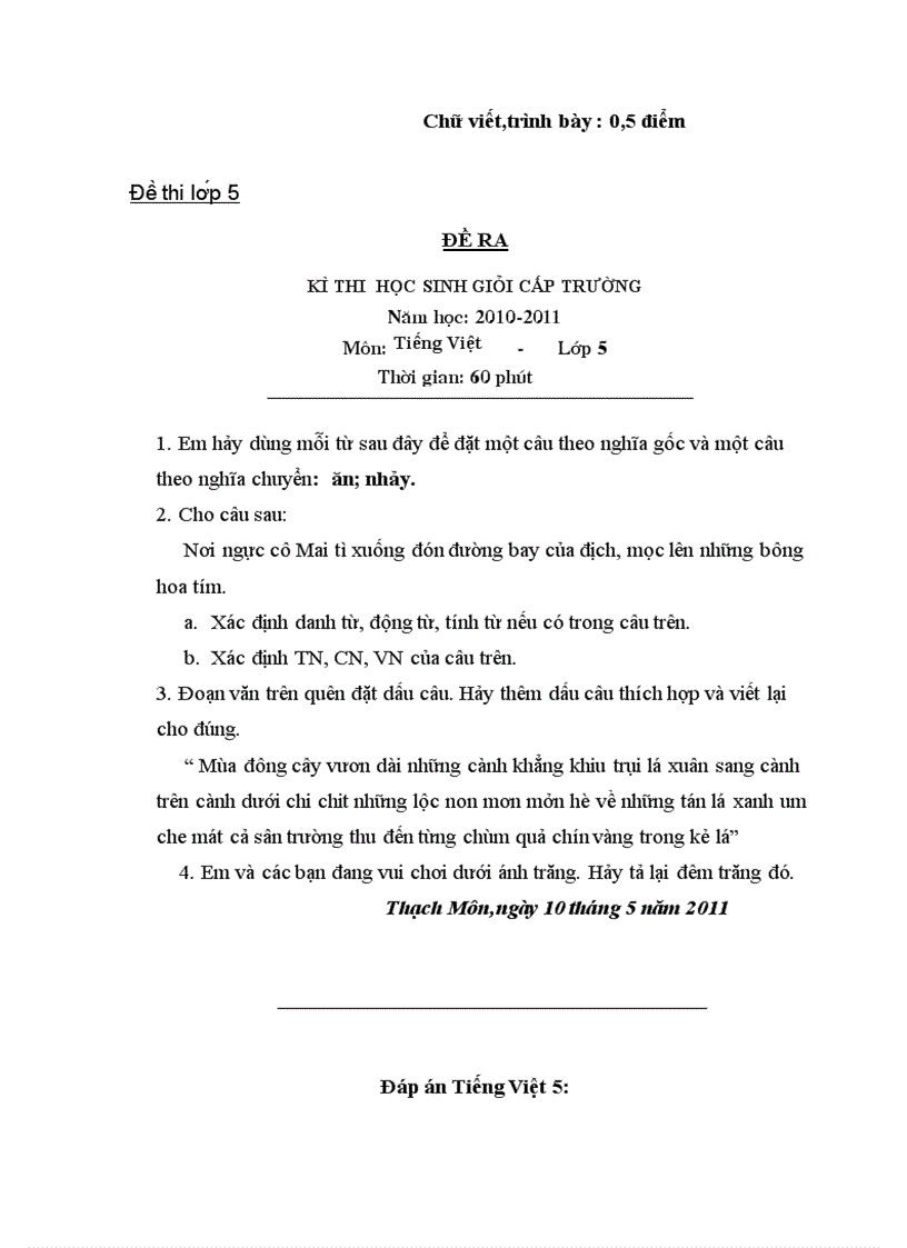 image for page Đề THI HỌC SINH GIỎI CẤP TRƯỜNG NĂM HỌC 2010 2011 Mơn Tiếng Việt Lớp 1