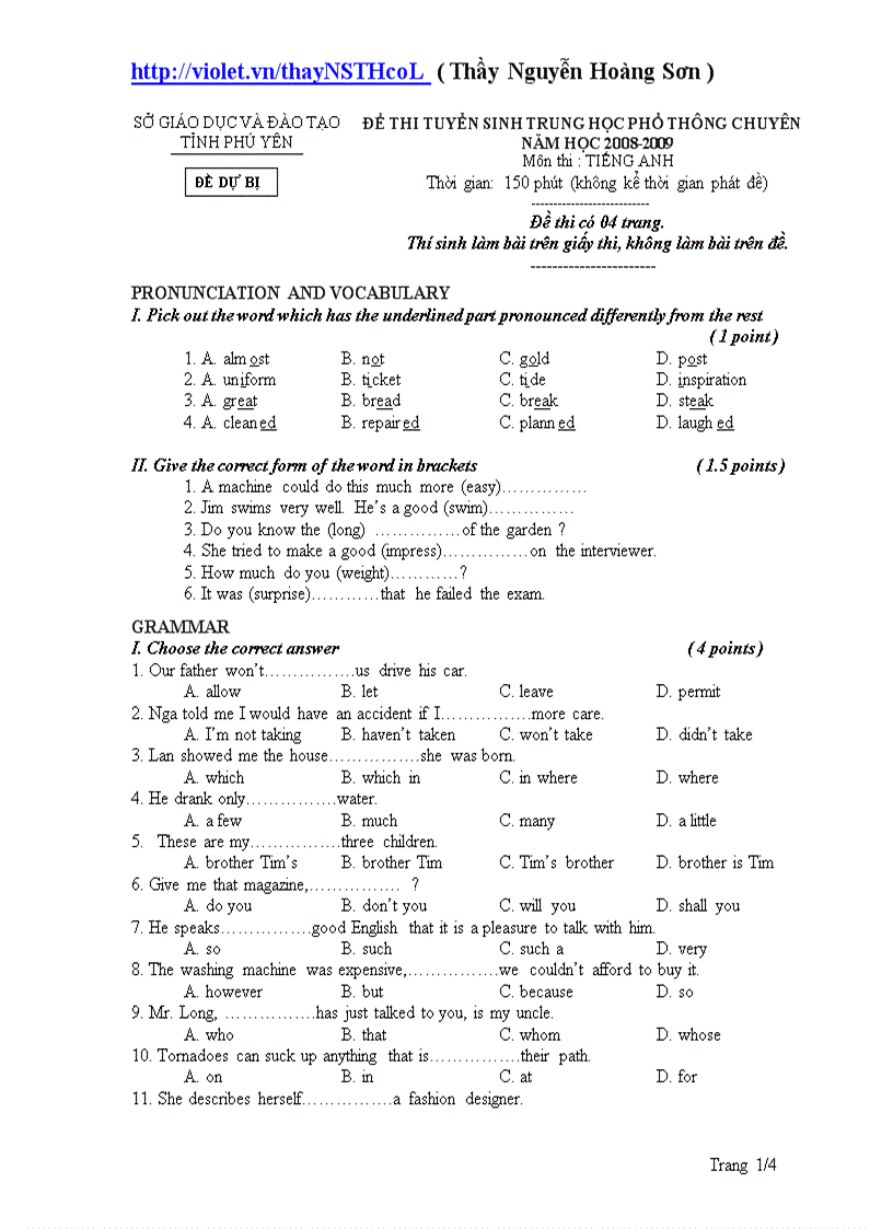 image for page ĐỀ THI TUYỂN SINH TRUNG HỌC PHỔ THÔNG CHUYÊN NĂM HỌC 2008 2009 Môn thi TIẾNG ANH