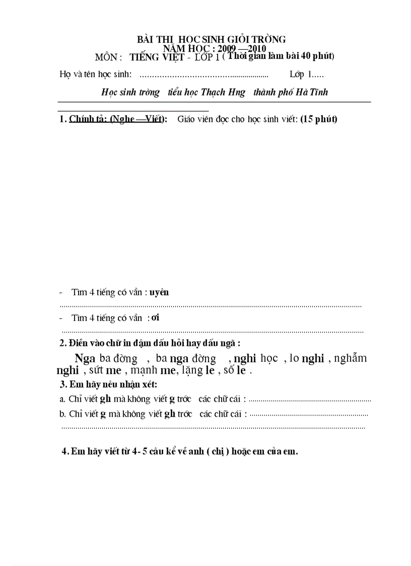Bài thi học sinh giỏi trường Năm học 2009 2010 Môn Tiếng Việt Lớp 1