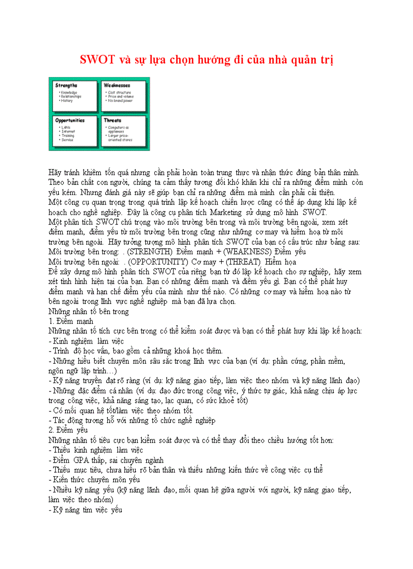 image for page SWOT và sự lựa chọn hướng đi của nhà quản trị