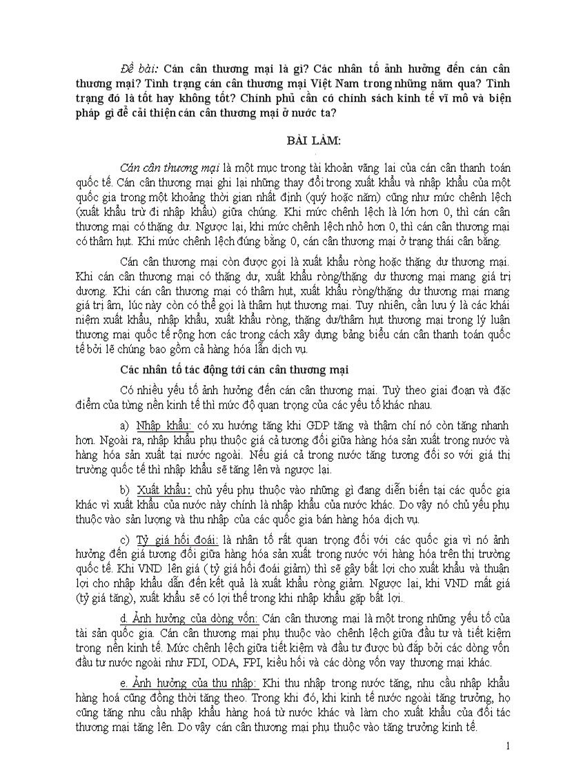 Tiểu luận Tình trạng cán cân thương mại Việt Nam trong những năm qua Chính phủ cần có chính sách kinh tế vĩ mô gì để cải thiện