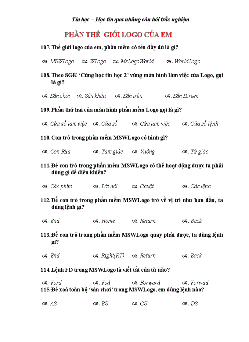 image for page Bộ đề 125 câu trắc nghiệm tin học cấp Tiểu học