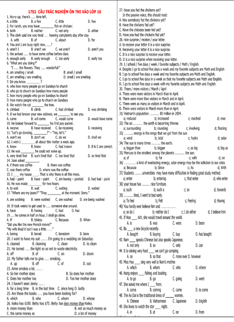 image for page 2000 câu hỏi tiếng anh thi vào lớp 10 sơ cấp