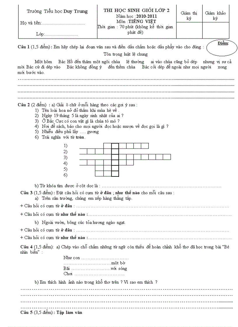 image for page Thi học sinh giỏi lớp 2 Năm học 2010 2011 Môn Tiếng Việt