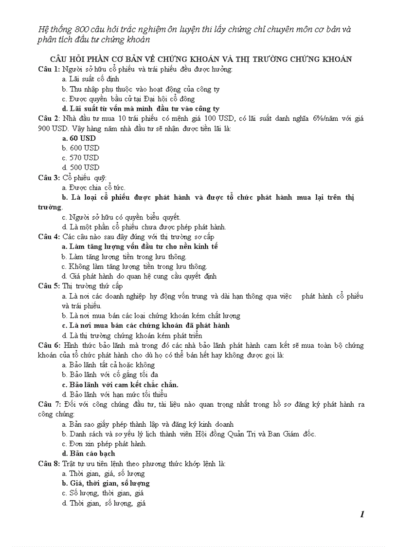 image for page Hệ thống câu hỏi trắc nghiệm ôn luyện thi lấy chứng chỉ chuyên môn cơ bản và phân tích đầu tư chứng khoán