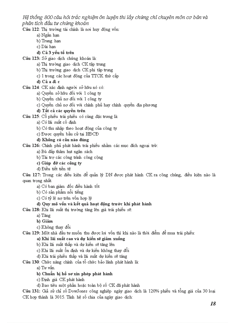 image for page Hệ thống câu hỏi trắc nghiệm ôn luyện thi lấy chứng chỉ chuyên môn cơ bản và phân tích đầu tư chứng khoán