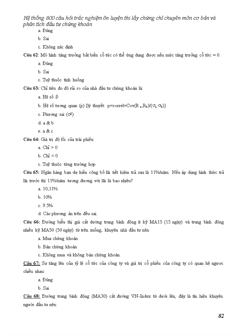 image for page Hệ thống câu hỏi trắc nghiệm ôn luyện thi lấy chứng chỉ chuyên môn cơ bản và phân tích đầu tư chứng khoán