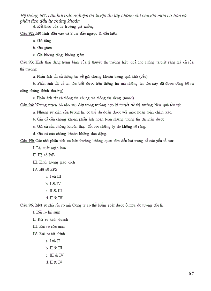 image for page Hệ thống câu hỏi trắc nghiệm ôn luyện thi lấy chứng chỉ chuyên môn cơ bản và phân tích đầu tư chứng khoán