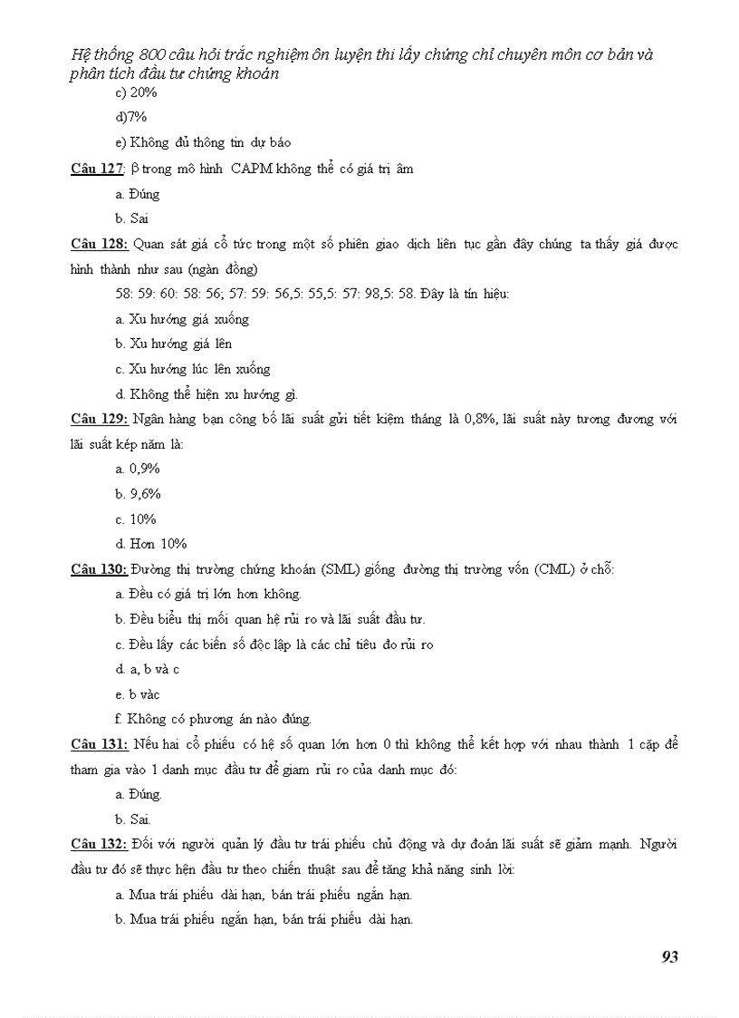 image for page Hệ thống câu hỏi trắc nghiệm ôn luyện thi lấy chứng chỉ chuyên môn cơ bản và phân tích đầu tư chứng khoán