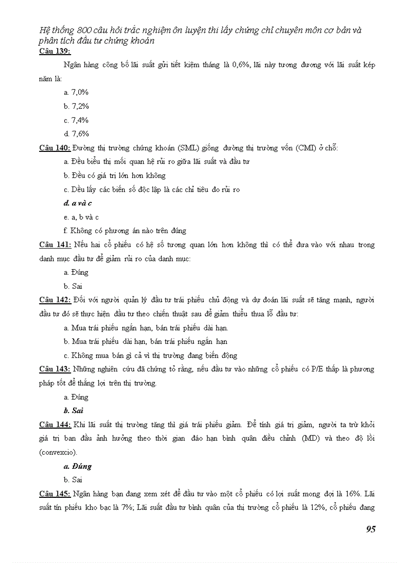 image for page Hệ thống câu hỏi trắc nghiệm ôn luyện thi lấy chứng chỉ chuyên môn cơ bản và phân tích đầu tư chứng khoán