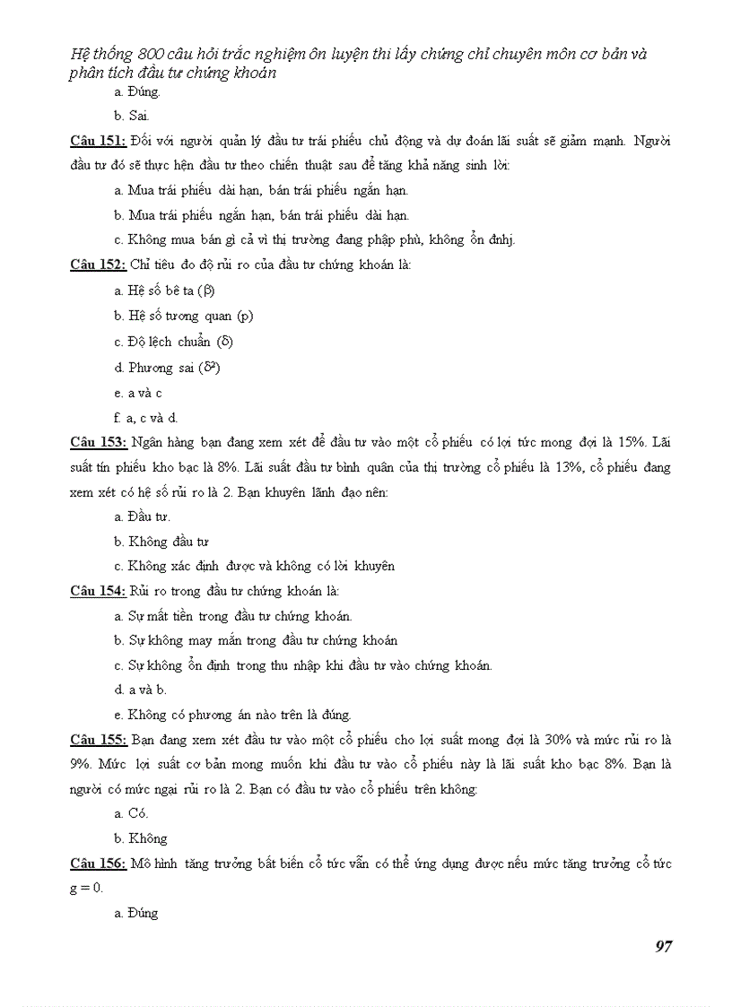 image for page Hệ thống câu hỏi trắc nghiệm ôn luyện thi lấy chứng chỉ chuyên môn cơ bản và phân tích đầu tư chứng khoán