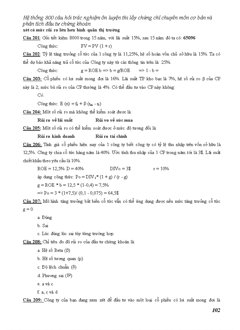 image for page Hệ thống câu hỏi trắc nghiệm ôn luyện thi lấy chứng chỉ chuyên môn cơ bản và phân tích đầu tư chứng khoán