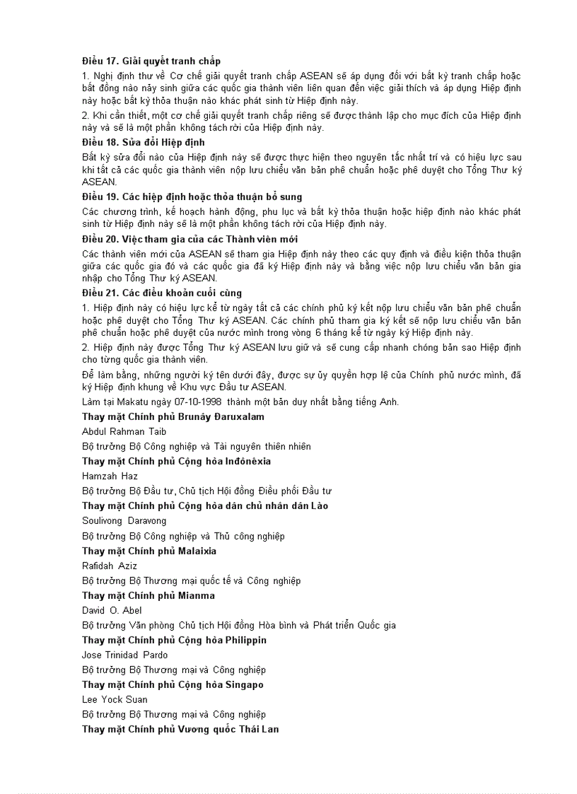 image for page Hiệp định khung về khu vực đầu tư ASEAN