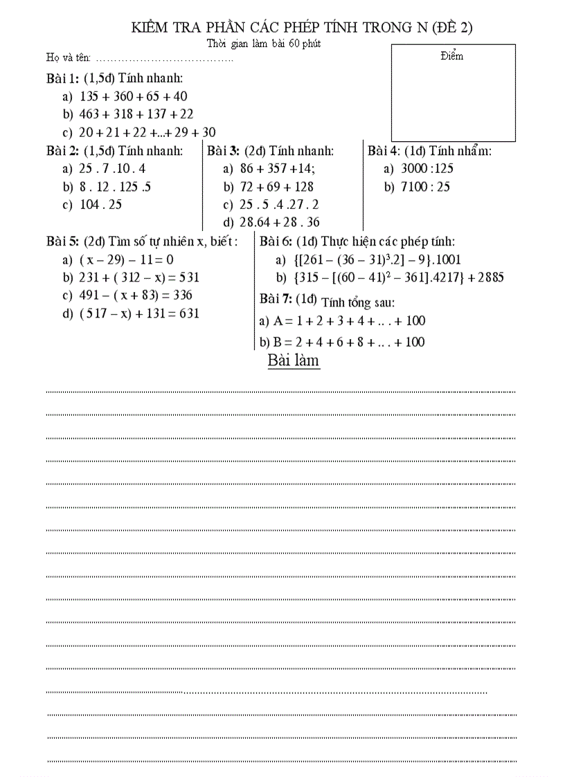 image for page Đề 2 Đáp án kiểm tra phần các phép tính trong N