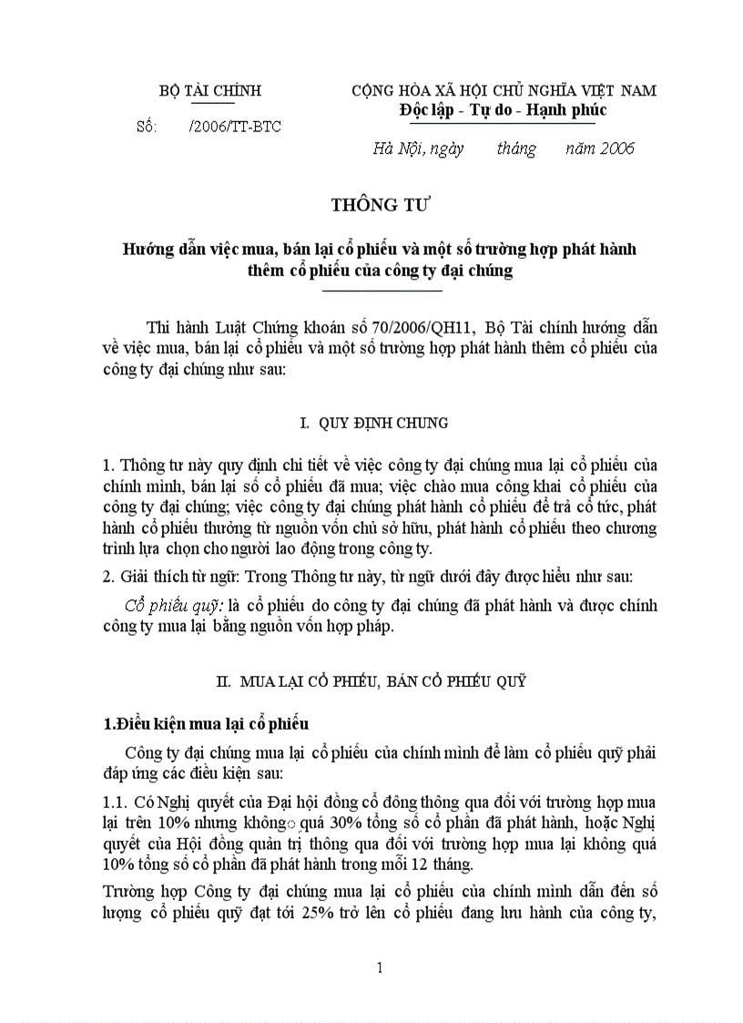 image for page THÔNG TƯ Hướng dẫn việc mua bán lại cổ phiếu và một số trường hợp phát hành thêm cổ phiếu của công ty đại chúng