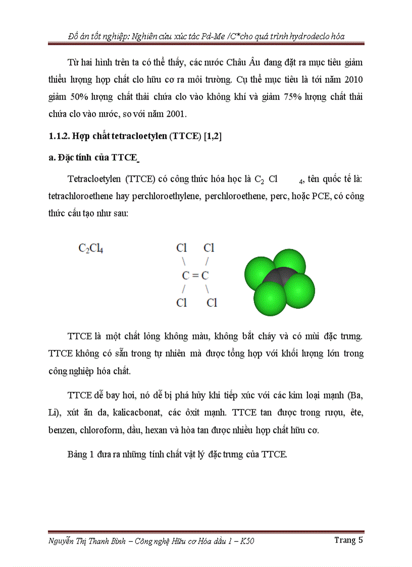 Nghiên cứu xúc tác Pd Me C cho quá trình hydrodeclo hóa 52 trang
