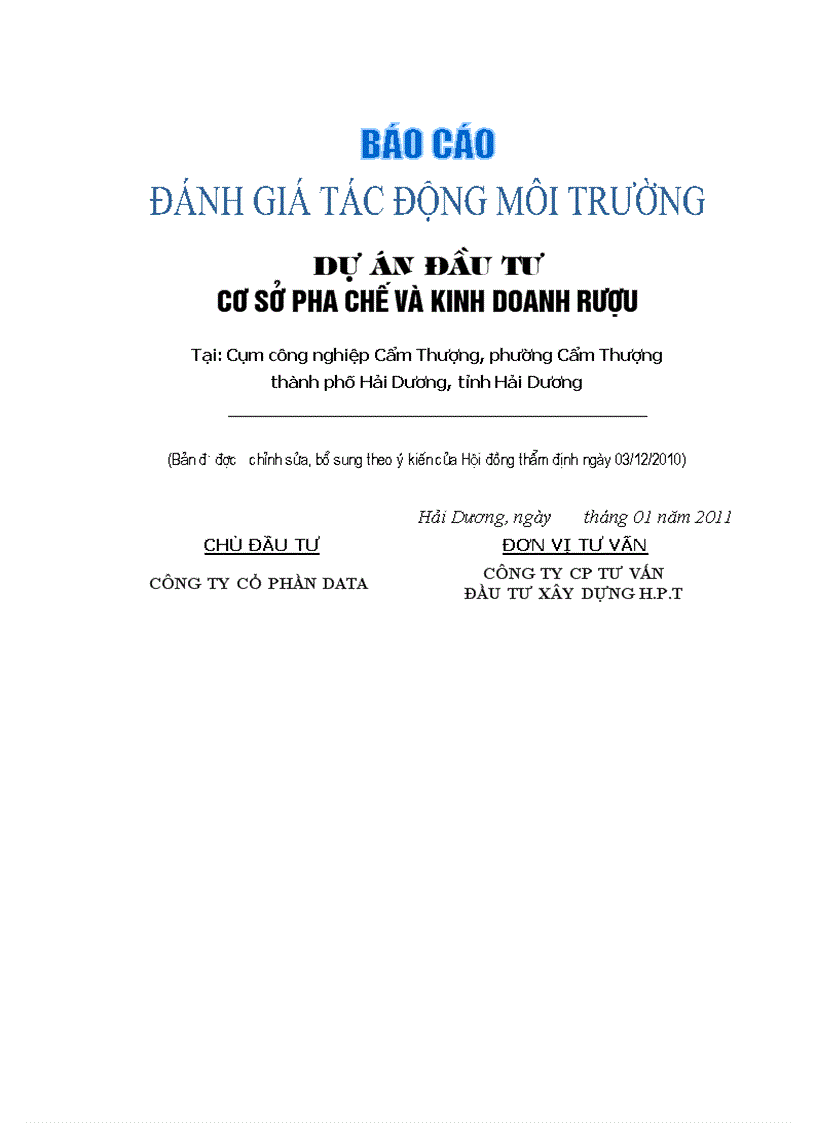 image for page Báo cáo ĐTM cơ sở sản xuất rượu CCN Ngô QUyền Tp Hải Dương