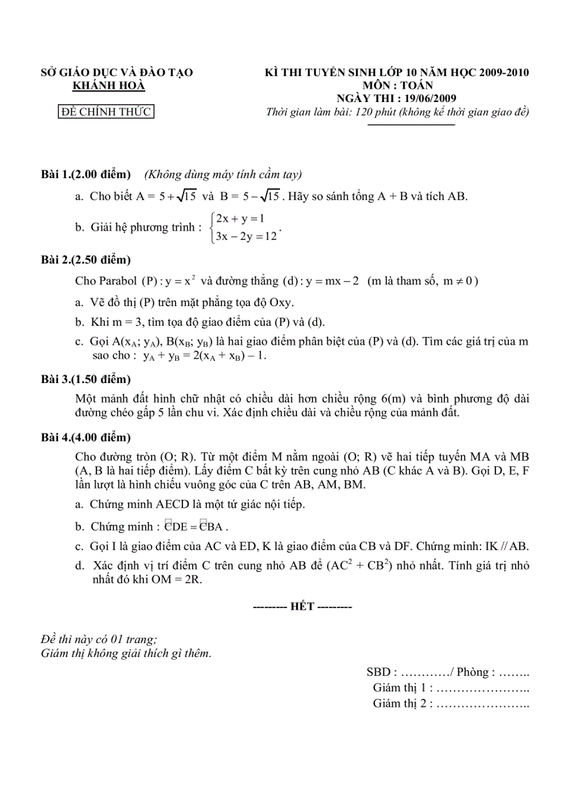 image for page Đề thi và đáp án môn Toán thi tuyển sinh vào lớp 10 năm học 2009 2010 tỉnh Khánh Hòa