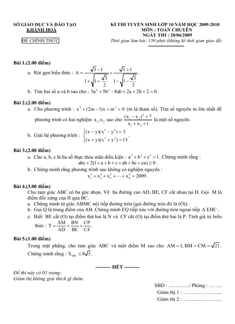 image for page Đề thi và đáp án môn Toán thi tuyển sinh vào lớp 10 năm học 2009 2010 tỉnh Khánh Hòa