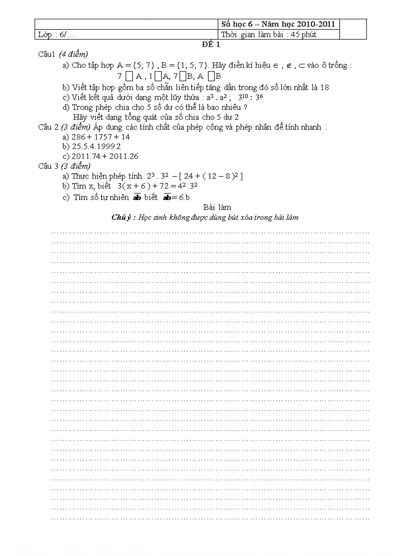 image for page Đề kiểm tra 45 phút Bài số 01 Lớp 6