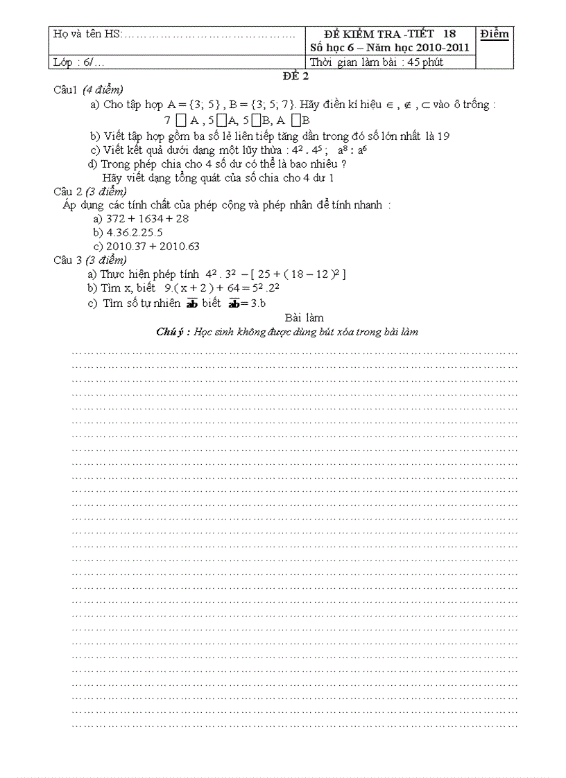 image for page Đề kiểm tra 45 phút Bài số 01 Lớp 6