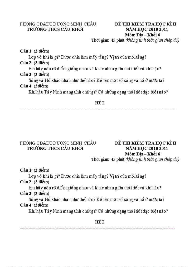 image for page Đề thi kiểm tra học kì II năm học 2010 2011 Môn Địa Khối 6