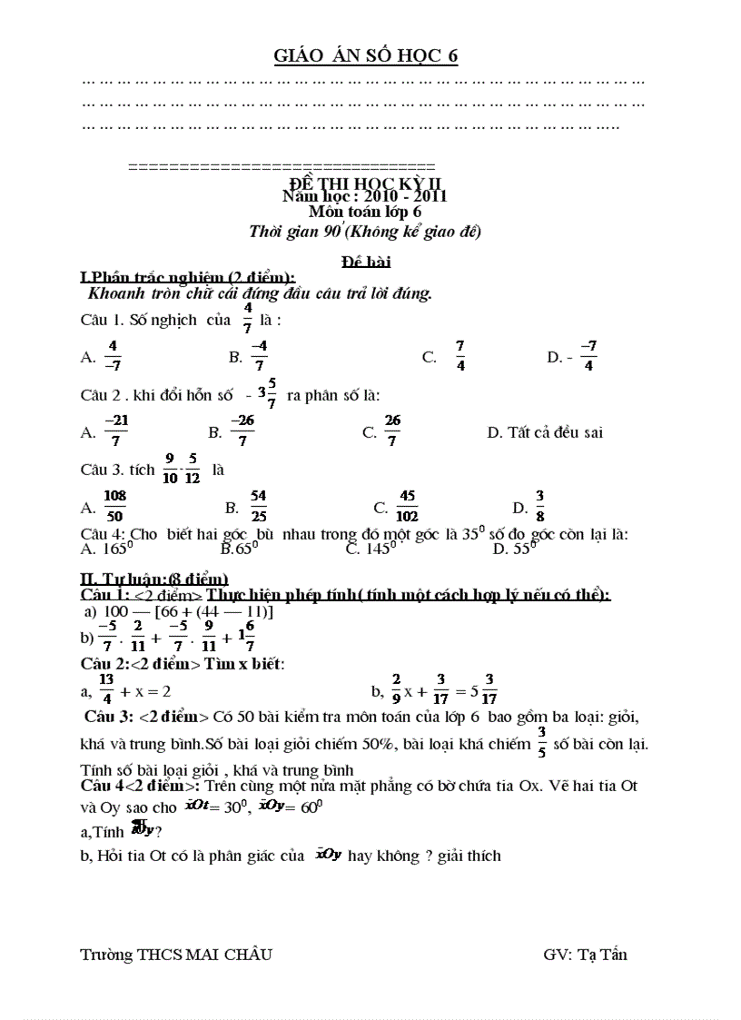 image for page Đề kiểm tra chuẩn đại số lớp 6