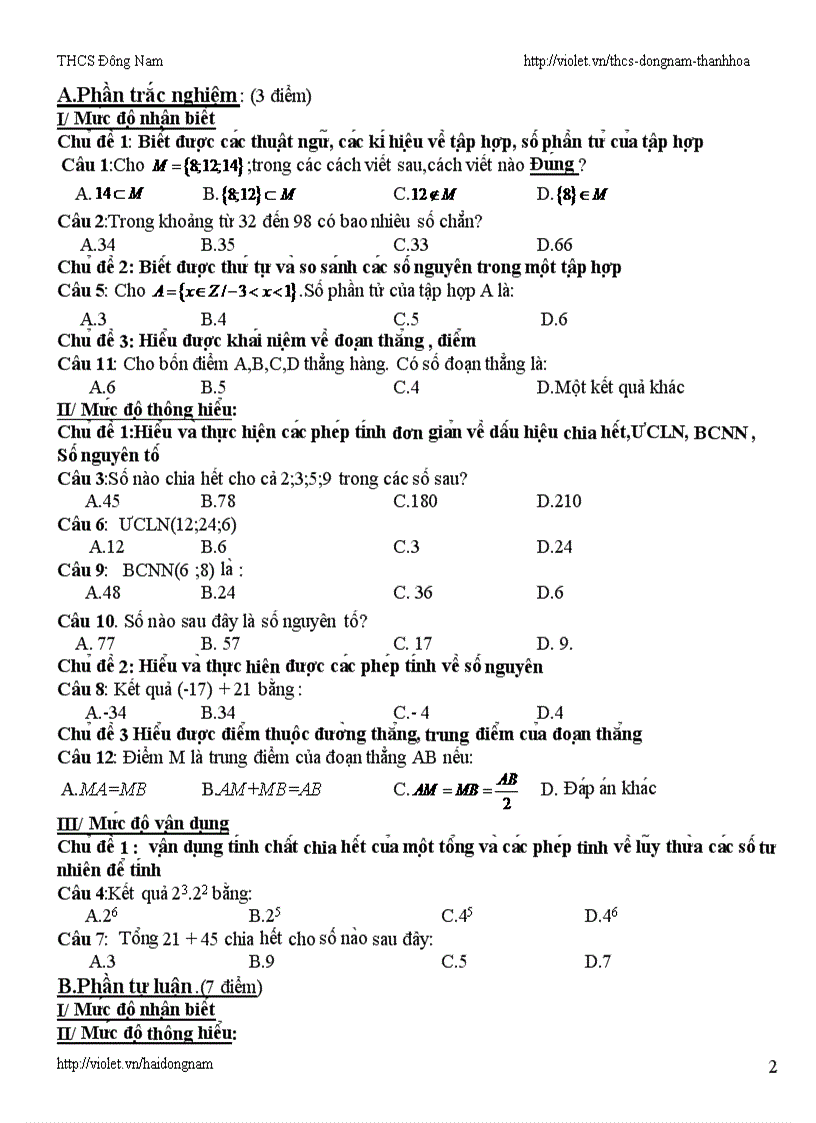 Ma trận Đề Đ A Toán 6 HK1 P1