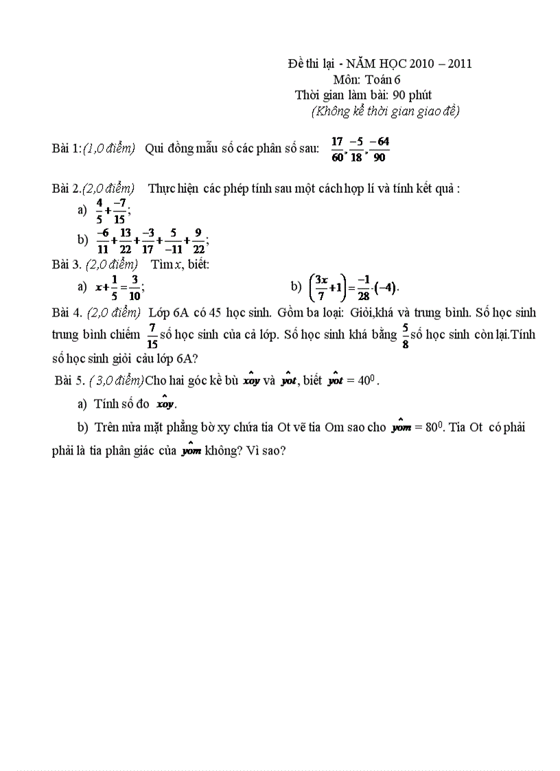 image for page Đề thi lại lớp 6 hay Năm học 2010 2011