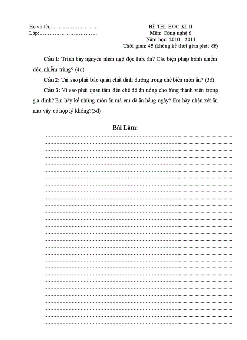 image for page ĐỀ THI HỌC KÌ II Môn Công nghệ 6 Năm học 2010 2011