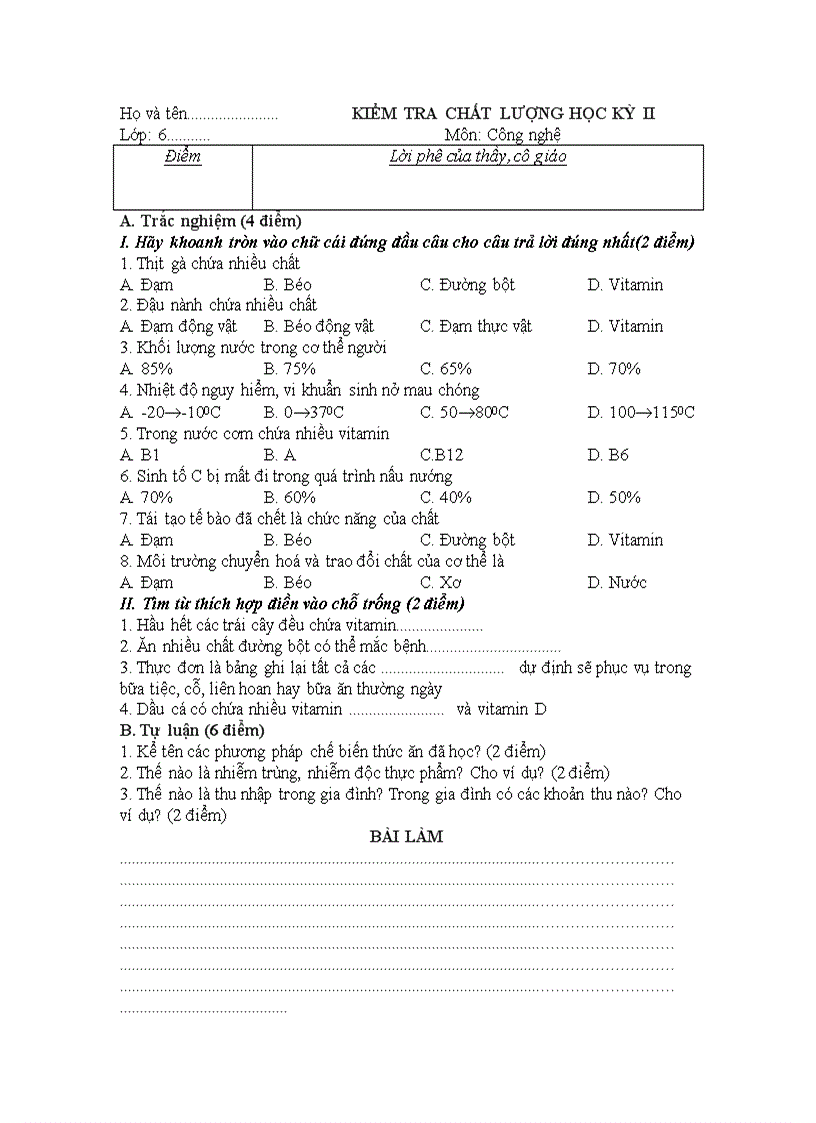 image for page KIỂM TRA CHẤT LƯỢNG HỌC KỲ II Lớp 6 Môn Công nghệ