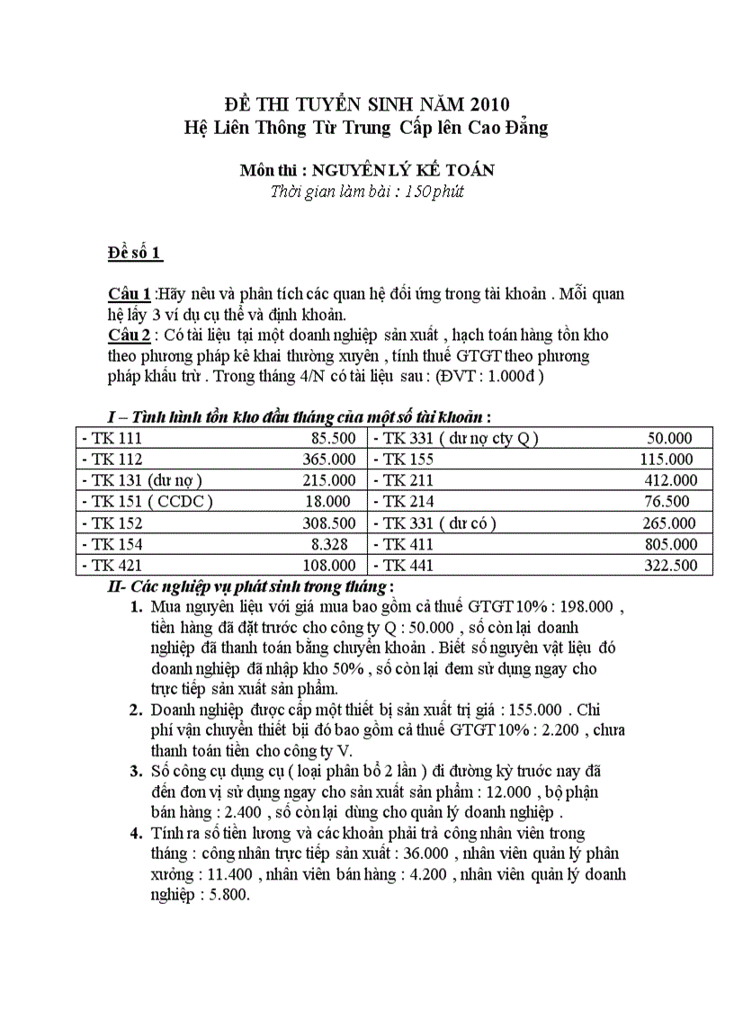image for page Đề thi Hệ Liên Thông Từ Trung Cấp lên Cao Đẳng Ngành Kế Toán