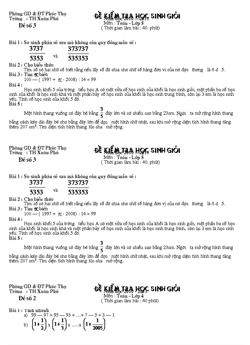 image for page Đề kiểm tra học sinh giỏi Trường Năm học 2010 20 Môn Toán Lớp 5 trường Xuân phú