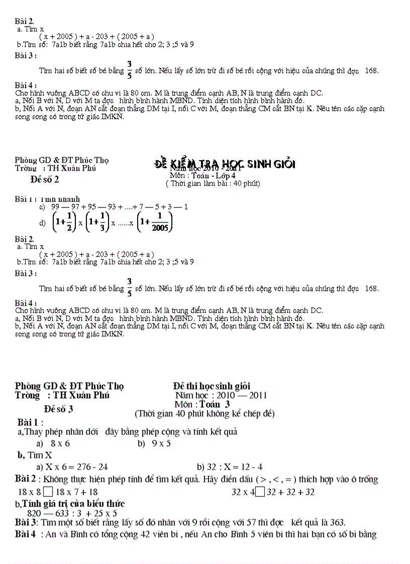 image for page Đề kiểm tra học sinh giỏi Trường Năm học 2010 20 Môn Toán Lớp 5 trường Xuân phú