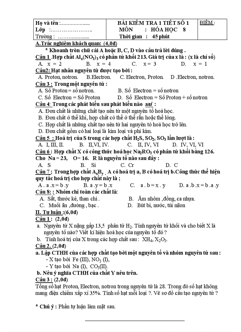 image for page Bài kiểm tra 1 tiết số 1 môn Hóa học 8