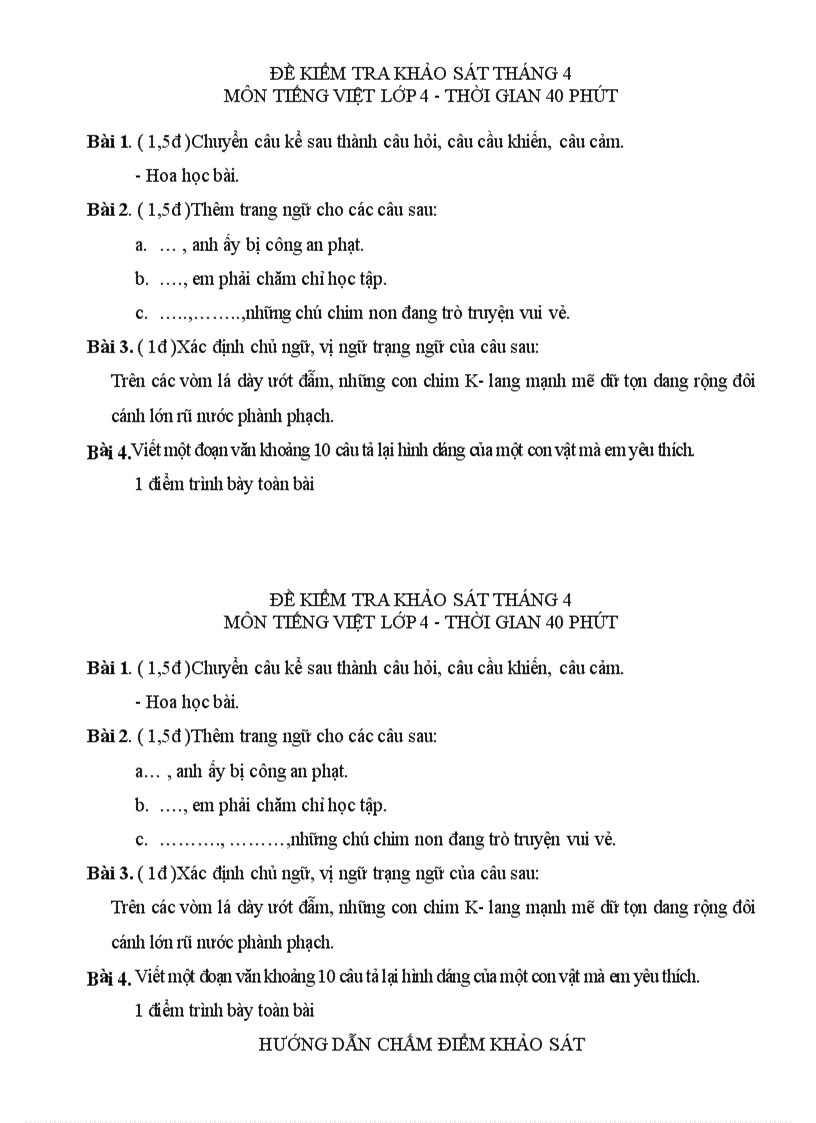 Đề kiểm tra khảo sát tháng 4 môn tiếng việt lớp 4