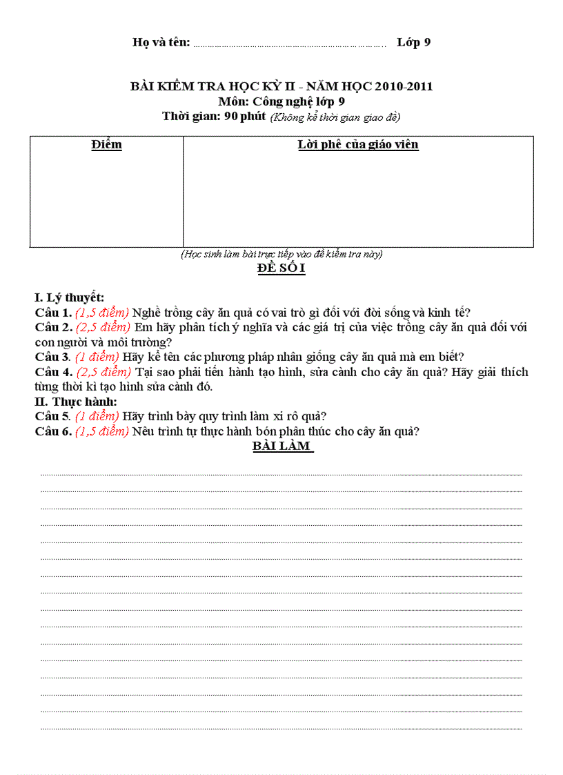 image for page BÀI KIỂM TRA HỌC KỲ II NĂM HỌC 2010 2011 Môn Công nghệ lớp 9