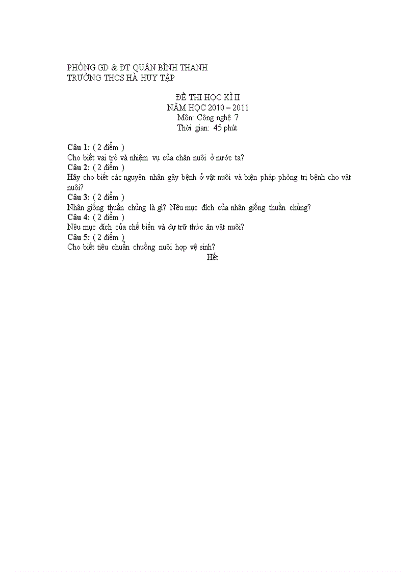 image for page ĐỀ THI HỌC KÌ II NĂM HỌC 2010 2011 Môn Công nghệ quận Bình Thạnh