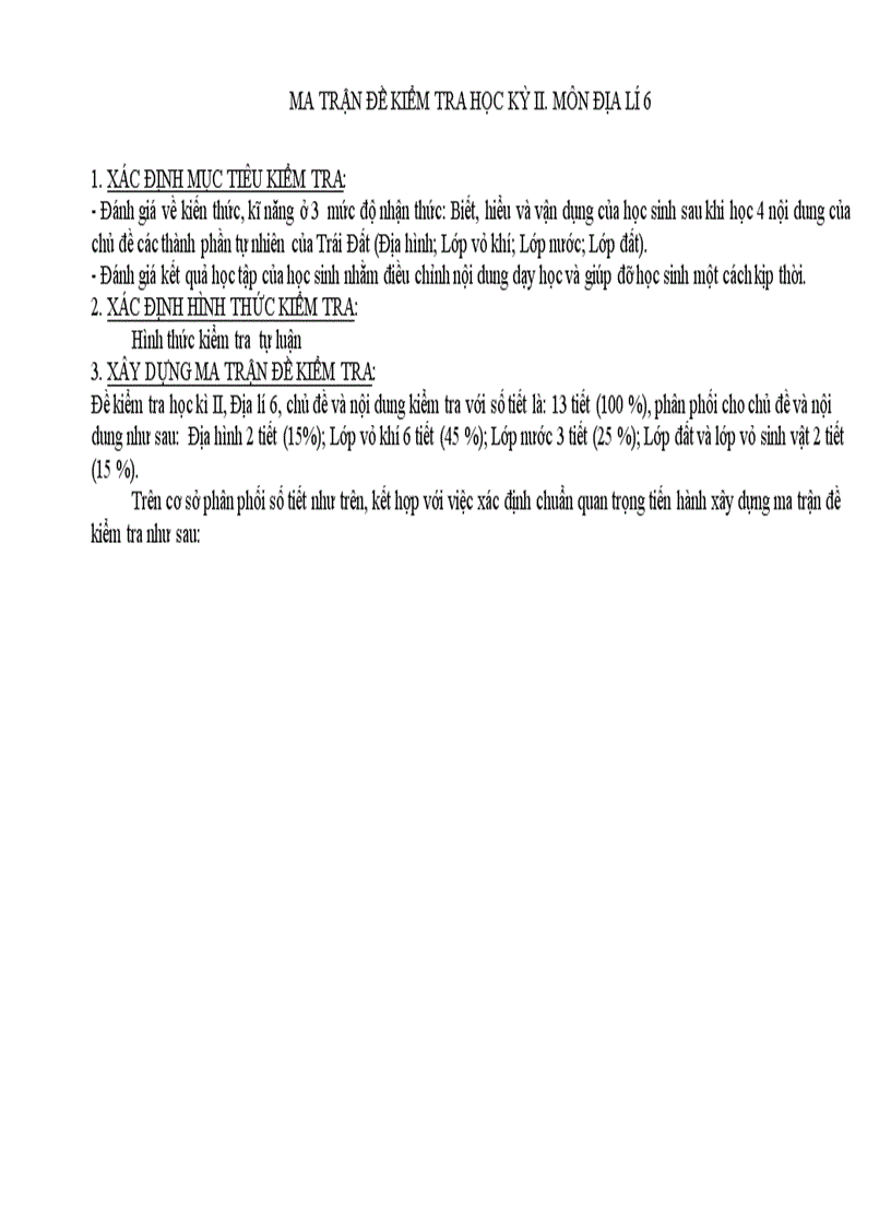 image for page Ma trận đề kiểm tra học kỳ ii Môn địa lí 6