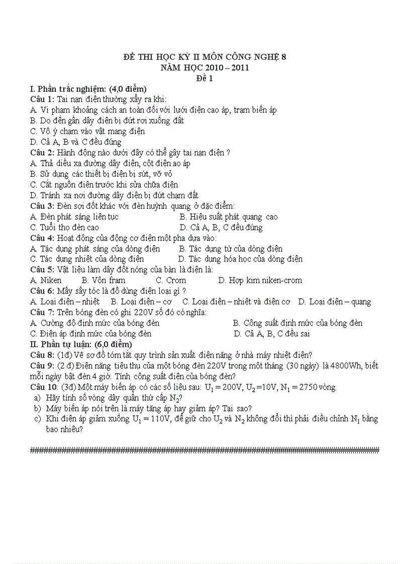 image for page Đề thi học kỳ ii môn công nghệ 8 năm học 2010 2011 đề 1