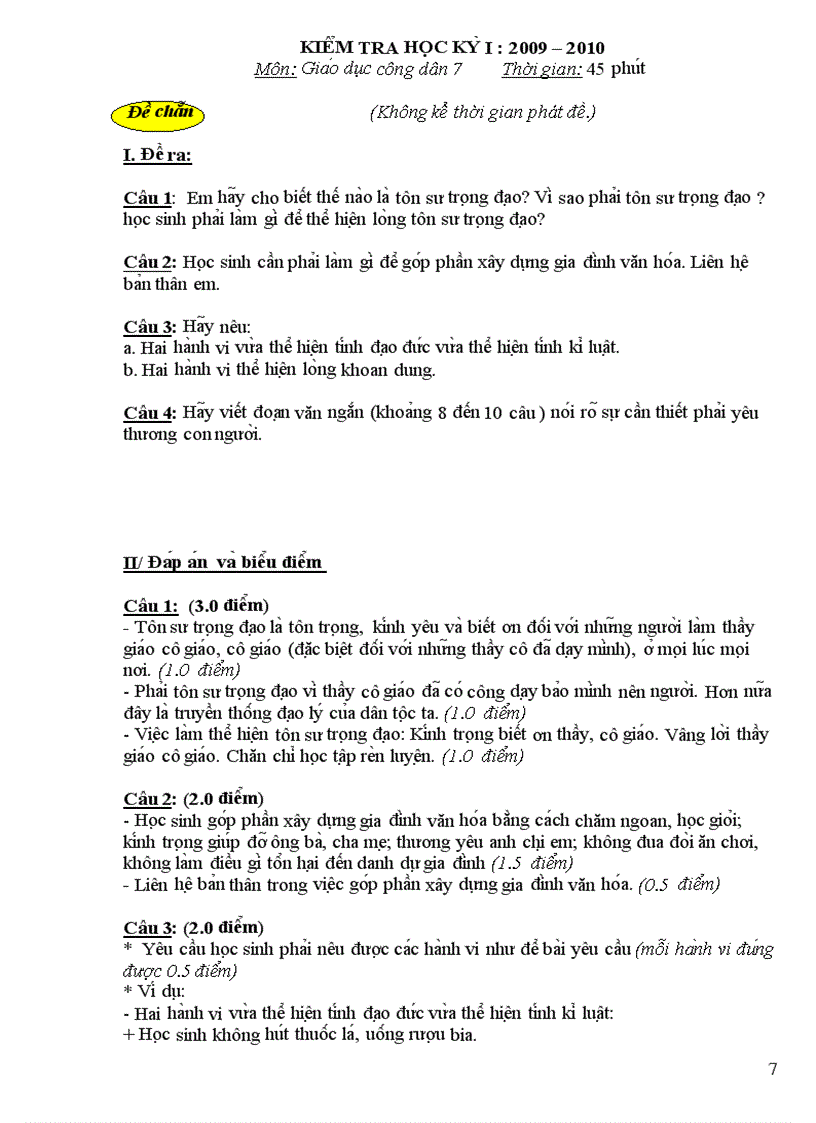 image for page KIỂM TRA HỌC KỲ I 2009 2010 Môn Giáo dục công dân 6 Thời gian 45 phút