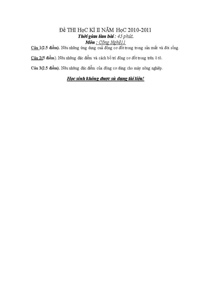 image for page Đề THI HọC KÌ II NĂM HọC 2010 2011 Thời gian làm bài 45 phút Môn Công Nghệ11