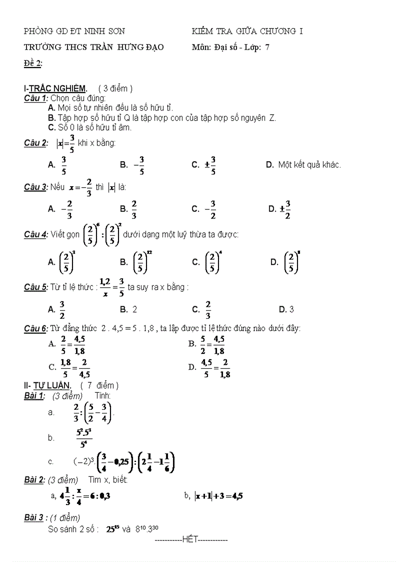 3 đề kiểm tra giữa chương 1 của đại số lớp 7