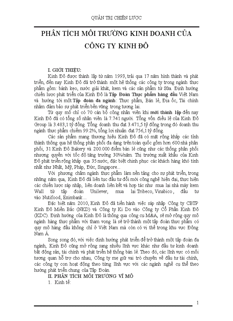 image for page Quản trị chiến lược Phân tích môi trường kinh doanh của công ty Kinh Đô