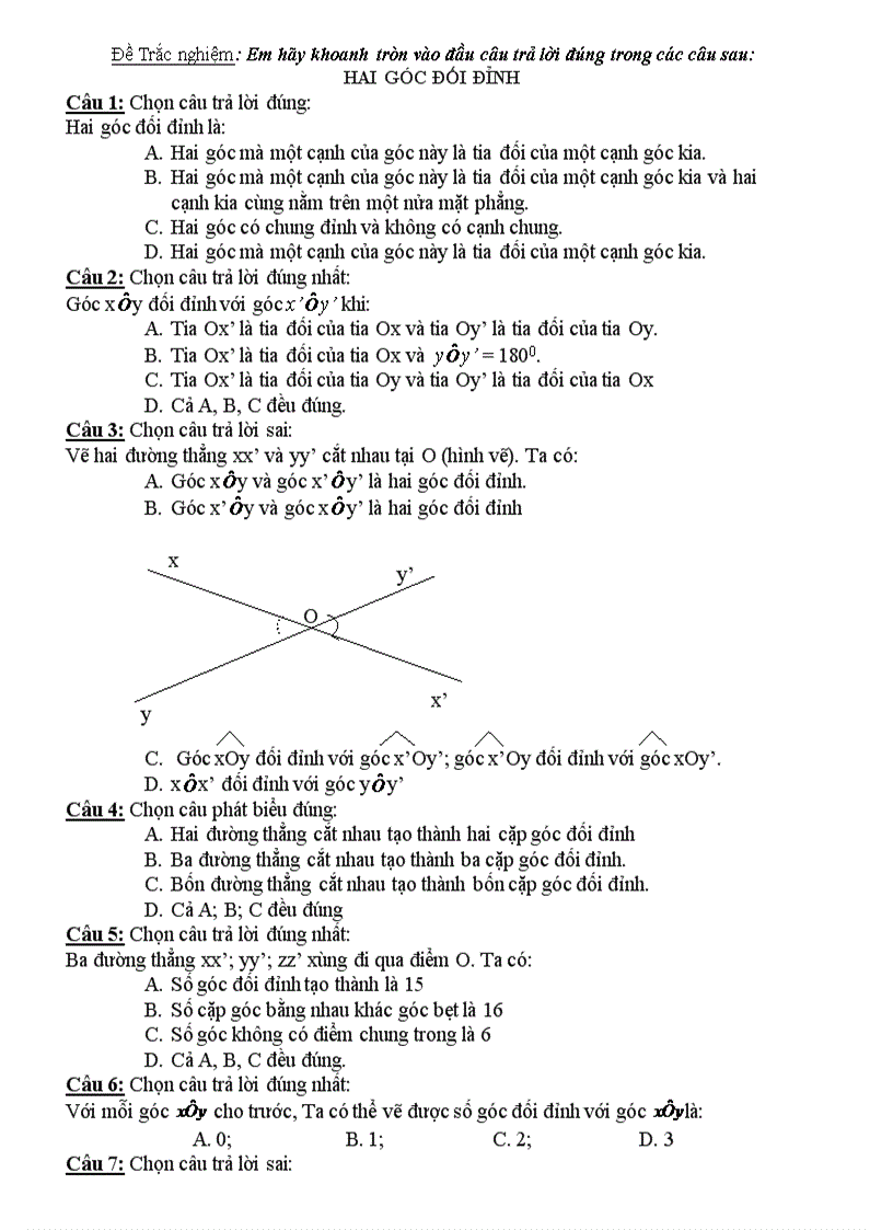Bộ đề trắc nghiệm ôn tập hình học học kỳ i lớp 7