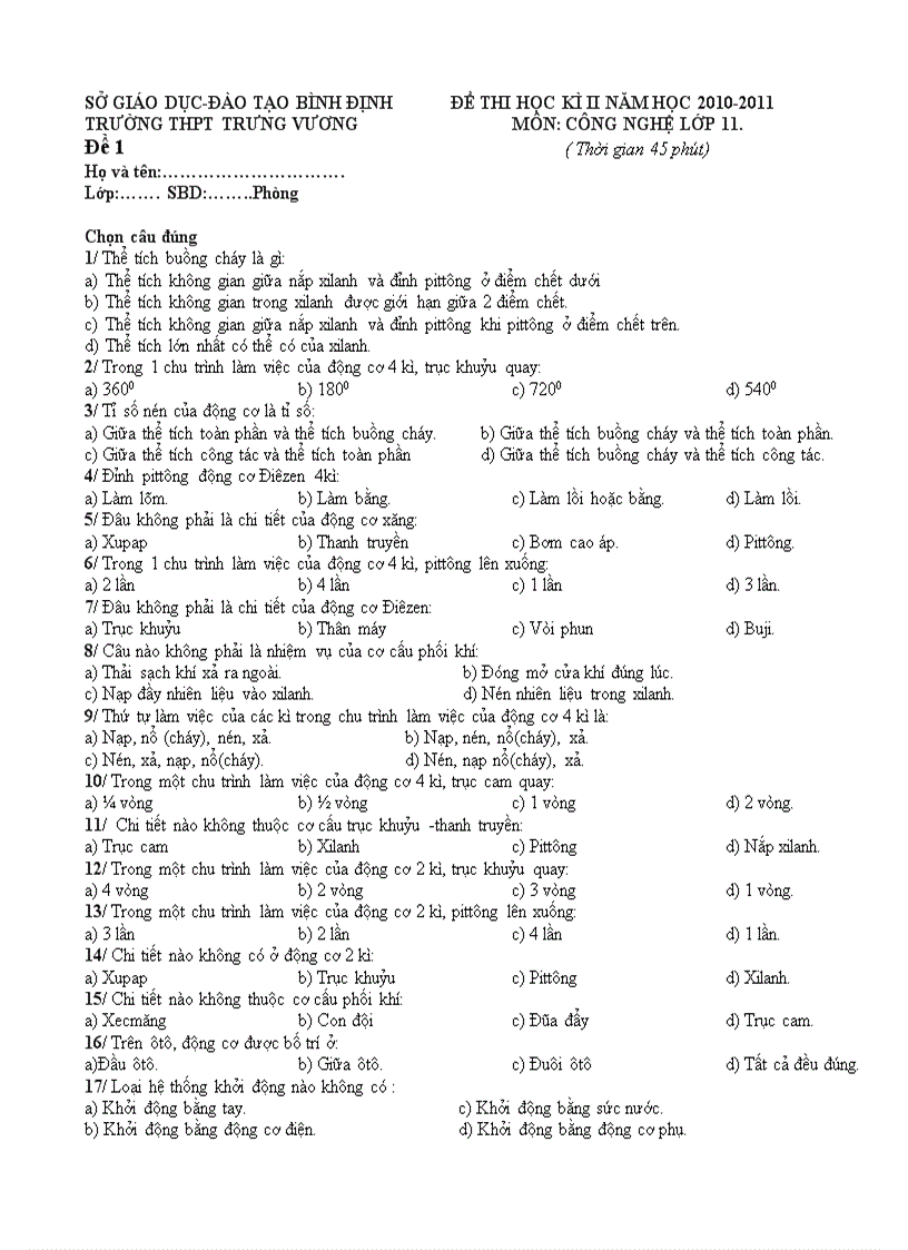 Đề thi học kì ii năm học 2010 2011 môn Công nghệ lớp 11